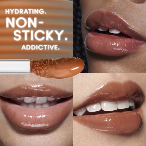 Glossy lips and a patch of liquid foundation on the second set of lips. Text emphasizes hydration and stickiness.