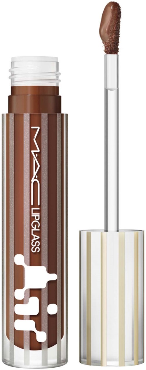 A brown MAC Lipglass tube with a clear applicator wand and a gold-striped cap.