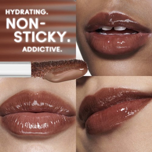 Text with a lipstick and lips image emphasizing non-sticky, hydrating, addictive qualities.