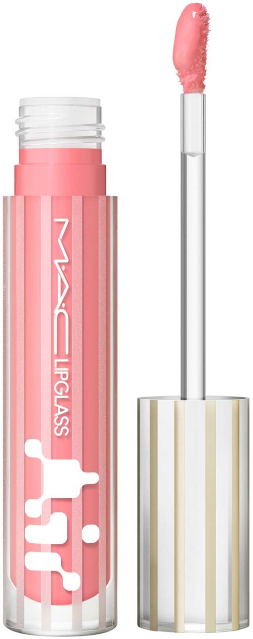 A pink lip gloss tube with a wand applicator and a white and gold cap.