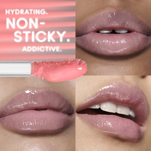 Lip gloss applied with a close-up of lips showing a shiny, natural look. The background features a pink and white text.