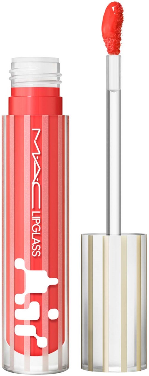 A coral-colored liquid lipstick with white text, a white logo, and a clear applicator wand with red gloss.