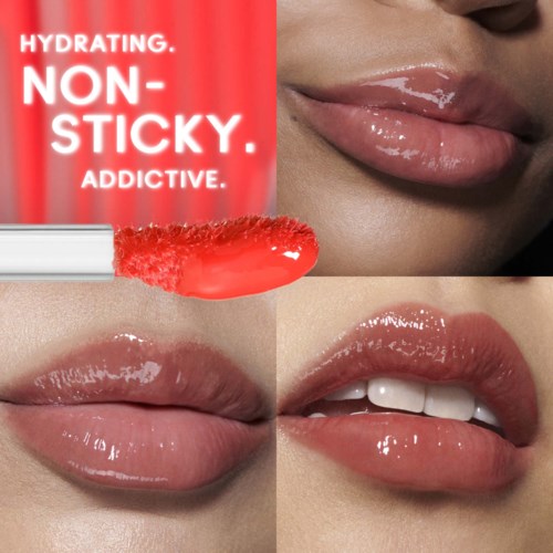 Lip gloss on lips, background shows a promotional text about moisturizing, non-sticky, addictive gloss.