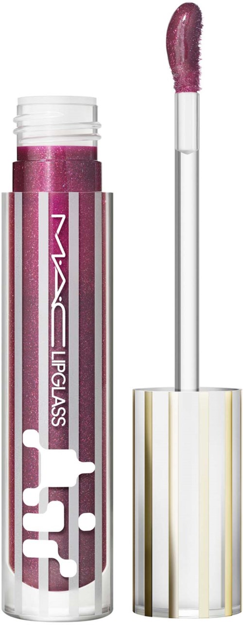 Lip gloss tube with a pink, shimmery gloss and a wand applicator.