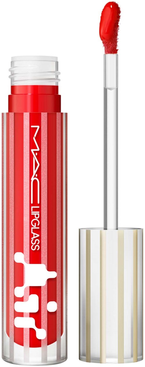 Red liquid lipstick in a tube with a wand applicator and a white and gold striped cap.