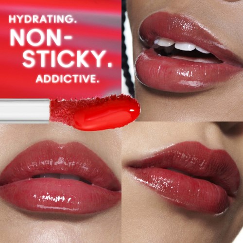 A woman with glossy, red lips and a close-up of a red lip gloss tube with text about hydration, non-sticky, addictive.
