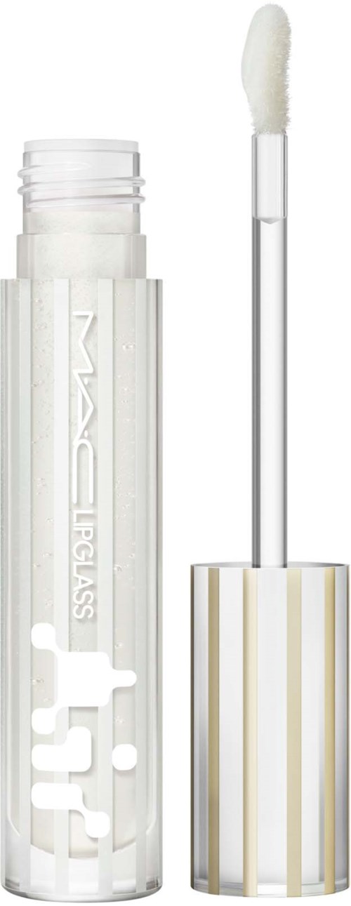 A white lip gloss tube with an applicator wand, partially open showing the gloss inside.