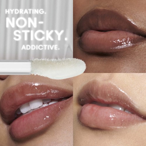 Close-up of lips with shiny gloss and a white, non-sticky hydrating lip gloss product with text.
