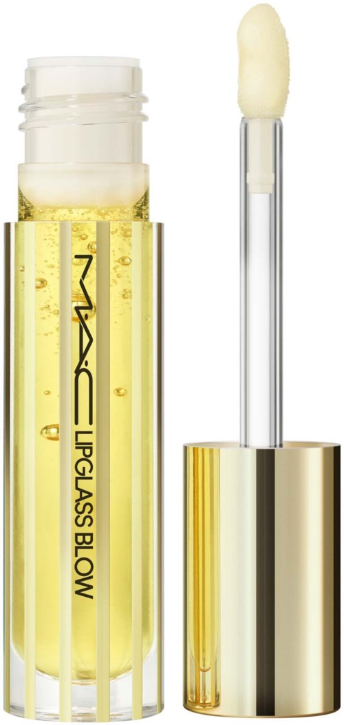 Lip gloss in clear container with black text, yellow liquid inside, and applicator with white sponge.