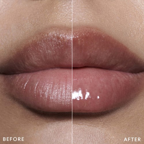 Close-up of lips showing before and after applying lip gloss, with shiny, smooth appearance.