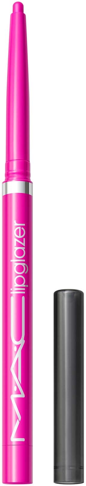 A pink liquid lip gloss with a clear cap, labeled 'lipglazer' from MAC cosmetics.