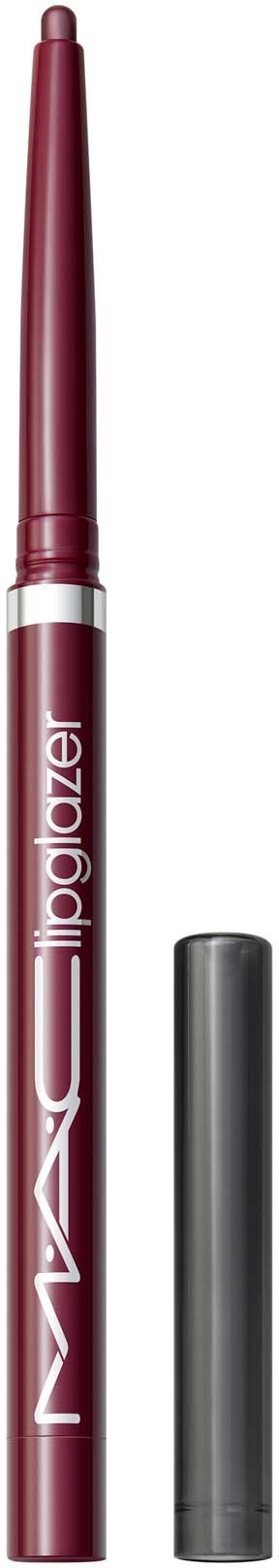 A MAC lip gloss pen in dark red color with black cap. The product is upright with the cap off.