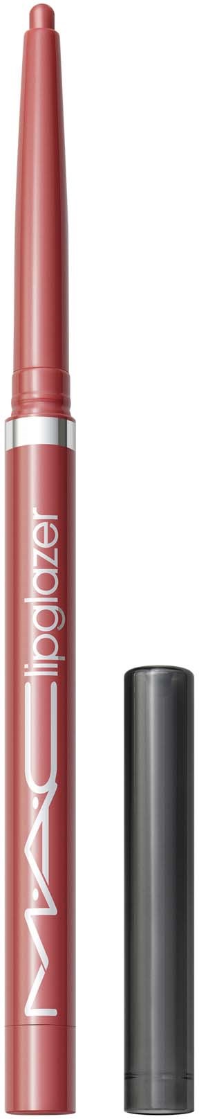 A pink lip liner with Sharpener cap, labeled 'MAC Lipliner,' standing vertically on a black background.