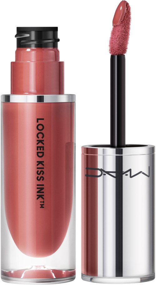 Rosa Lipgloss mit schwarzem Deckel und der Aufschrift 'Locked Kiss Ink'. Lippenstiftapplikator in Rosa.