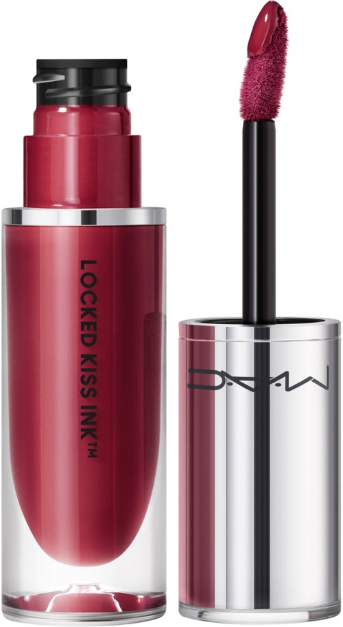 A red lipstick tube with black and silver details, and a wand with pinkish lipstick ready to use.