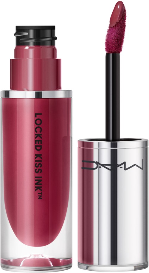 Ein rosafarbene Lipgloss-Hülsen mit schwarzem Deckel und Applikator daneben.
