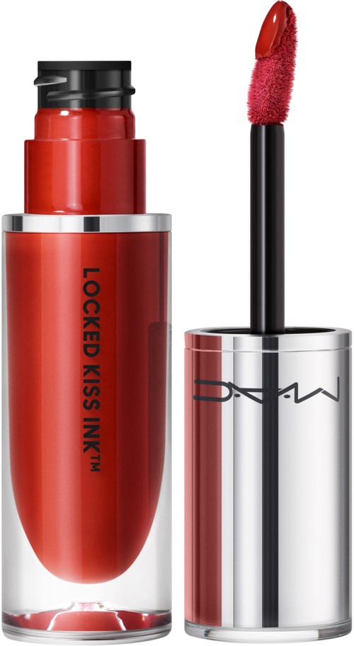 Ein roter Lippenstift mit schwarzem Applikator und silberner Kappe. Aufschrift: 'LOCKED KISS INK.'