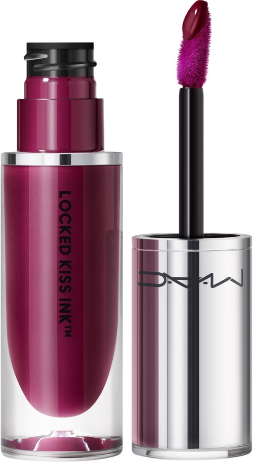 Lippenbalsem tube met label 'Locked Kiss Ink' en een paarse applicatorborstel.