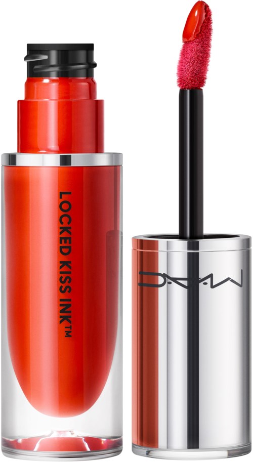Rötliche Lippenstiftverpackung mit schwarzem Deckel, Beschriftung "LOCKED KISS INK" und Applikator mit rotem Lippenstift.