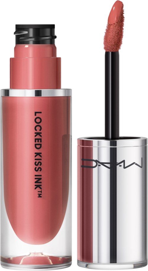 Een roze lippenstift van MAC Cosmetics met een deels zichtbaar lippenstift en een doorzichtige dop.