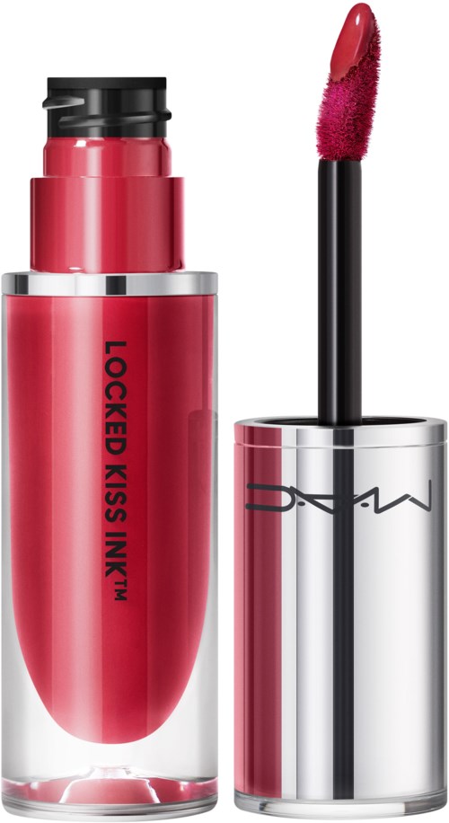 Lippenstift mit roter Farbe und schwarzem Applikator. Die Tube hat den Text 'LOCKED KISS INK'.