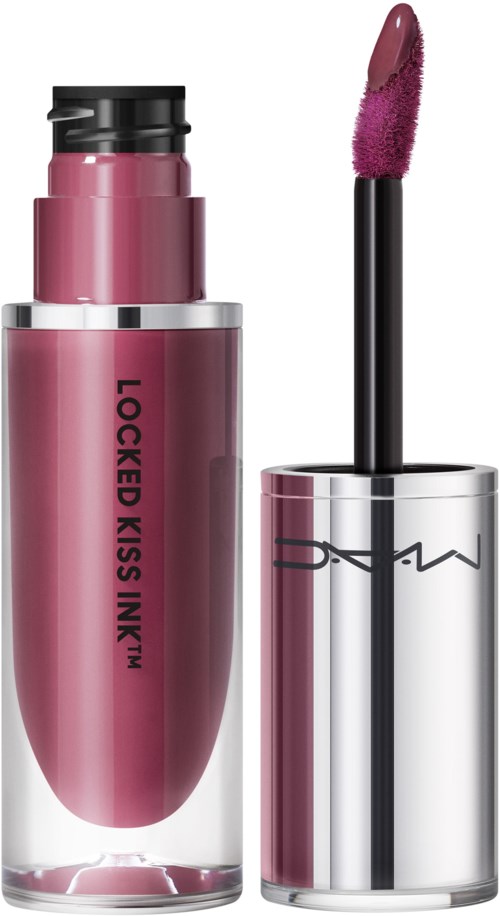 Ein pinkfarbener Lippenstift mit schwarzem Deckel, mit der Aufschrift "Locked Kiss Ink". Der Deckel ist abgenommen, zeigt den Pinkton des Lippenstifts.