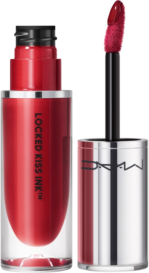 Lippenstift mit rotem Farbton, schwarzem Deckel, beschriftet "LOCKED KISS INK". Lippenpinsel ist sichtbar mit roter Farbe.