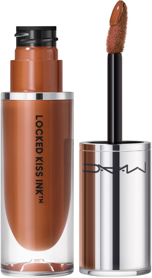 Lippenstift mit braunem Farbton, offener Applikatorstab, silberne und schwarze Details.
