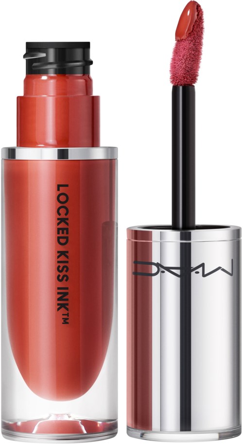 Ein korallenfarbener Lippenstift mit schwarzen und silbernen Details, beschriftet "Locked Kiss InKT". Der Deckel ist silber mit einem schwarzen Applikator.
