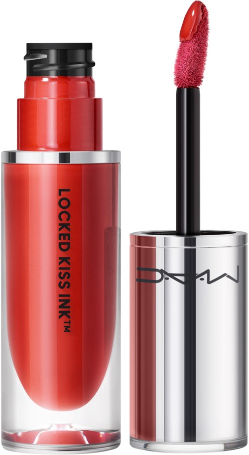 Ein roter Lippenstift mit schwarzen und silbernen Akzenten, beschriftet 'LOCKED KISS INK', mit geöffnetem Deckel, zeigt einen rosa Lipgloss-Applikator.