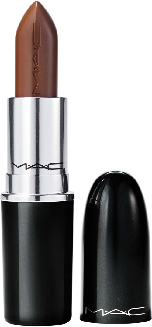 Läppstift i brunt, silver- och svart förpackning med MAC-logga.