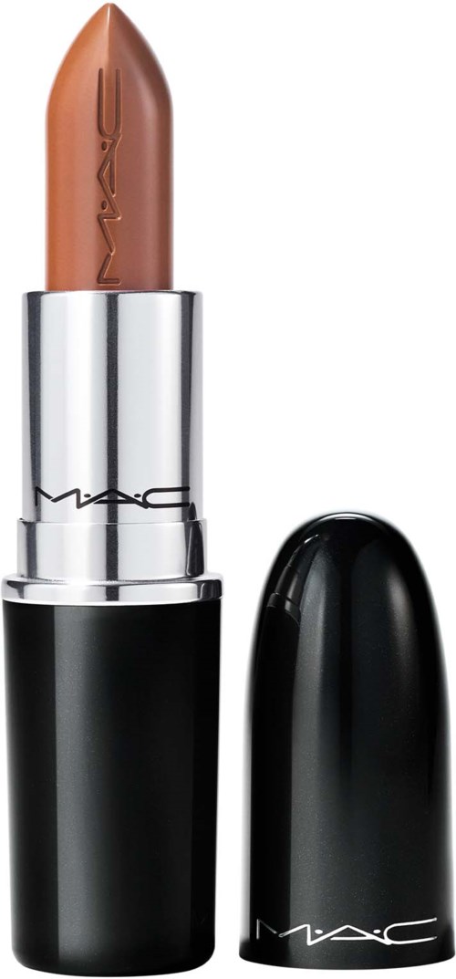 En MAC läppstift med brunt nyans och en silver- och svart hylsa. Tillbehöret är i närheten.