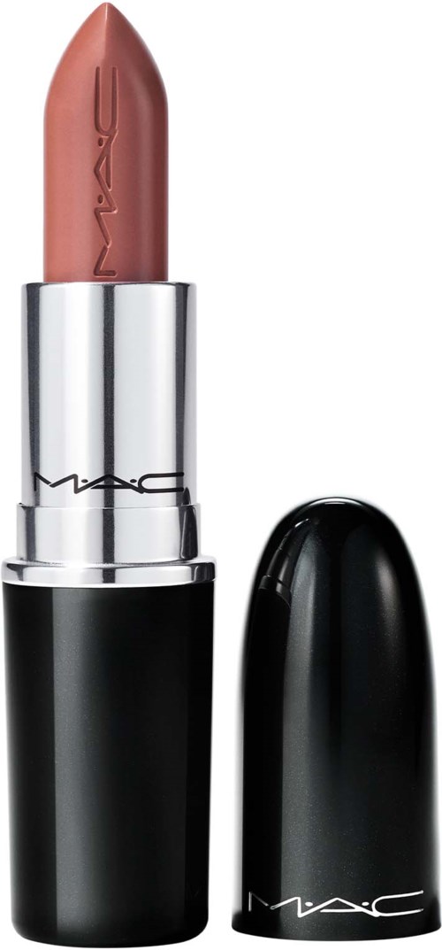 A MAC lipstick with a pinkish-beige shade, silver and black packaging, and the cap placed beside it.