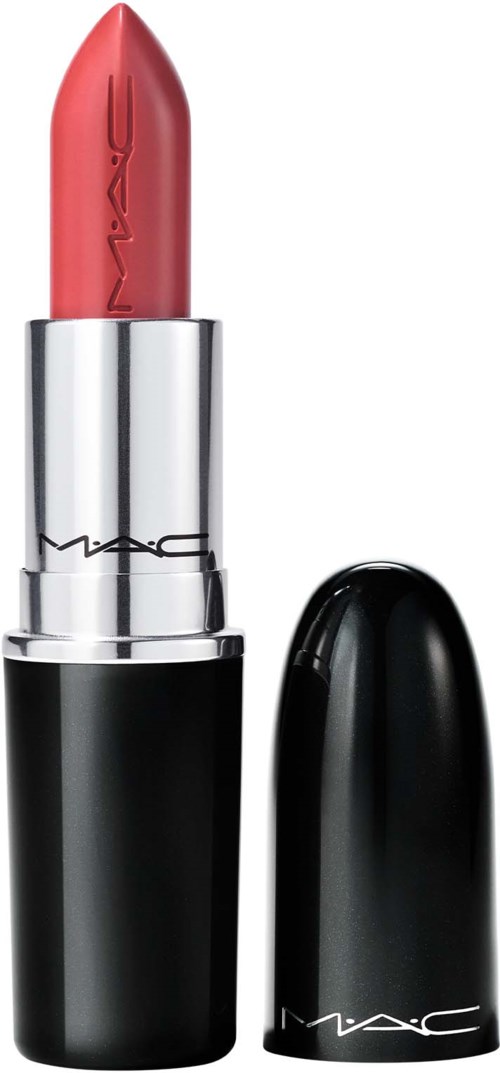A coral lipstick in a silver and black tube, with 'MAC' logo, cap removed to show the lipstick.