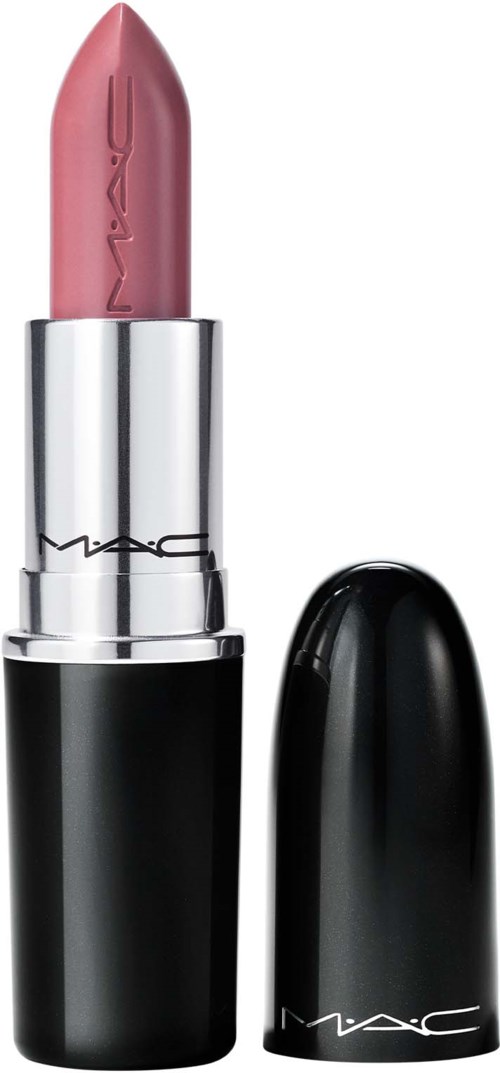 A pink lipstick with a black and silver tube, removed cap revealing the product.