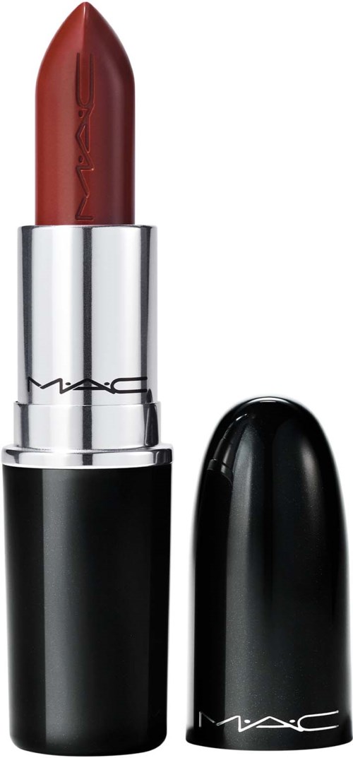 A lipstick in a black and silver tube, with the cap off showing the brownish-red lipstick.