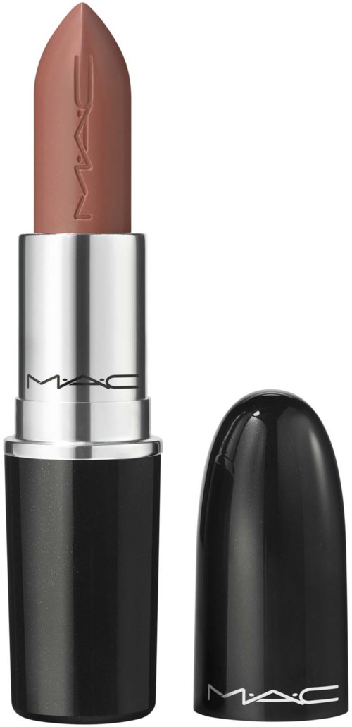 A MAC lipstick with a black and silver case, showing a nude-colored lipstick inside.