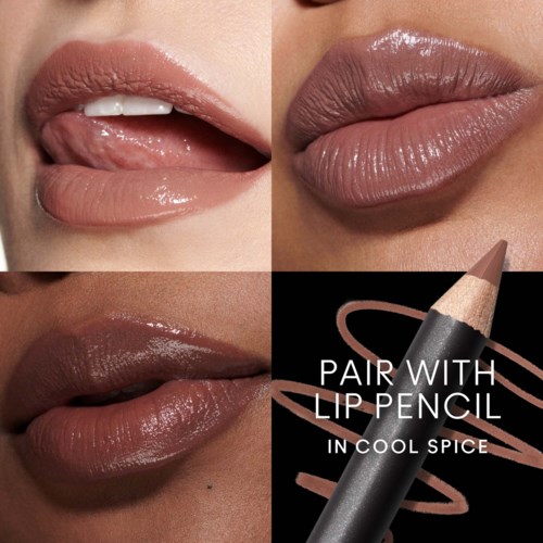 Close-up of lips showcasing different shades and textures, with a lip pencil and a product named 'Cool Spice'.