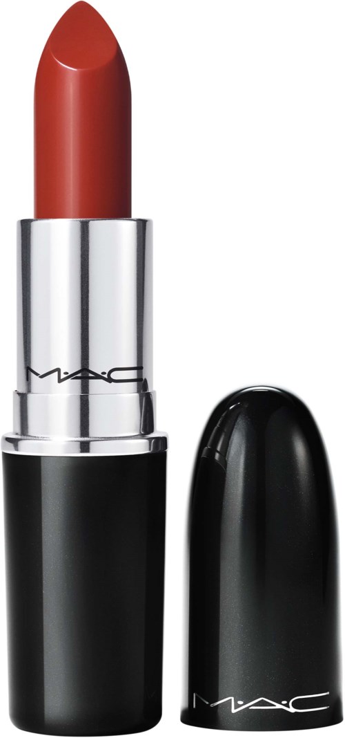 A red lipstick in a silver and black tube with the cap beside it.