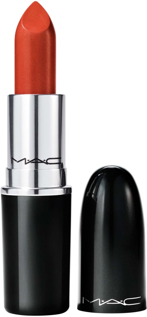 A lipstick with a silver tube and black cap, the lipstick is coral-colored and ready to use.