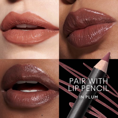 Different shades of lipstick on lips, with a lip pencil showing colour options for plump lips.
