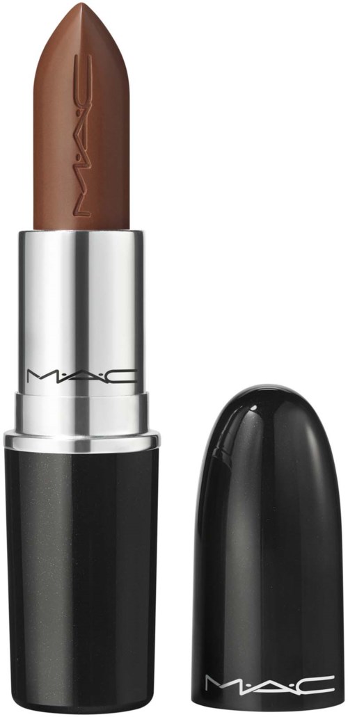 Ett brunt läppstift med en silver- och svarttube, och, locket bredvid med MAC-logga. Inga andra föremål.
