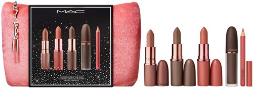 Set of lipstick and lip liner products with a pink carrying case, some lipsticks and liners are swatched and displayed.