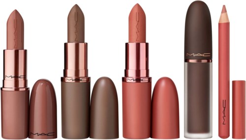A row of four lipsticks in shades of nude and pink, with one liquid lipstick in a black tube and a matching pencil.