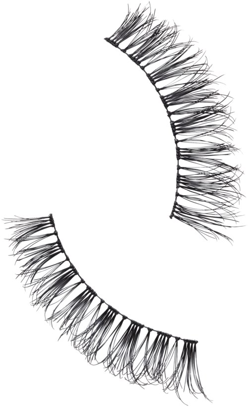 Two sets of false eyelashes are displayed, curved upwards and downwards, with detailed, long, black lashes.