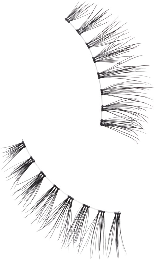 Two sets of false eyelashes, curved, with thick and long black synthetic fibers.