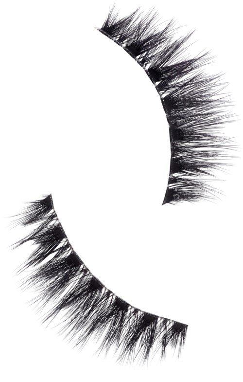 Two black eyelashes are arranged in a curved shape on a white background.