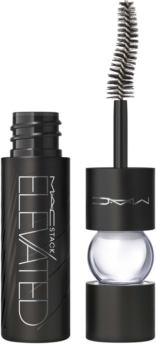 A makeup mascara tube with a brush applicator, labeled "MAC Stack Elevated."