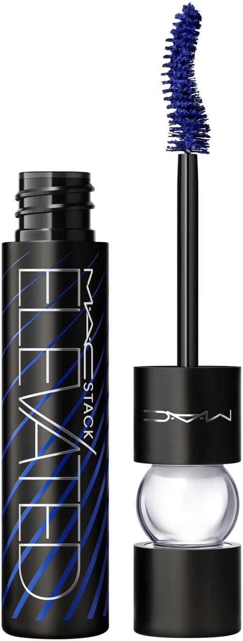 A black tube of MAC mascara with a blue brush and transparent section showing the liquid.