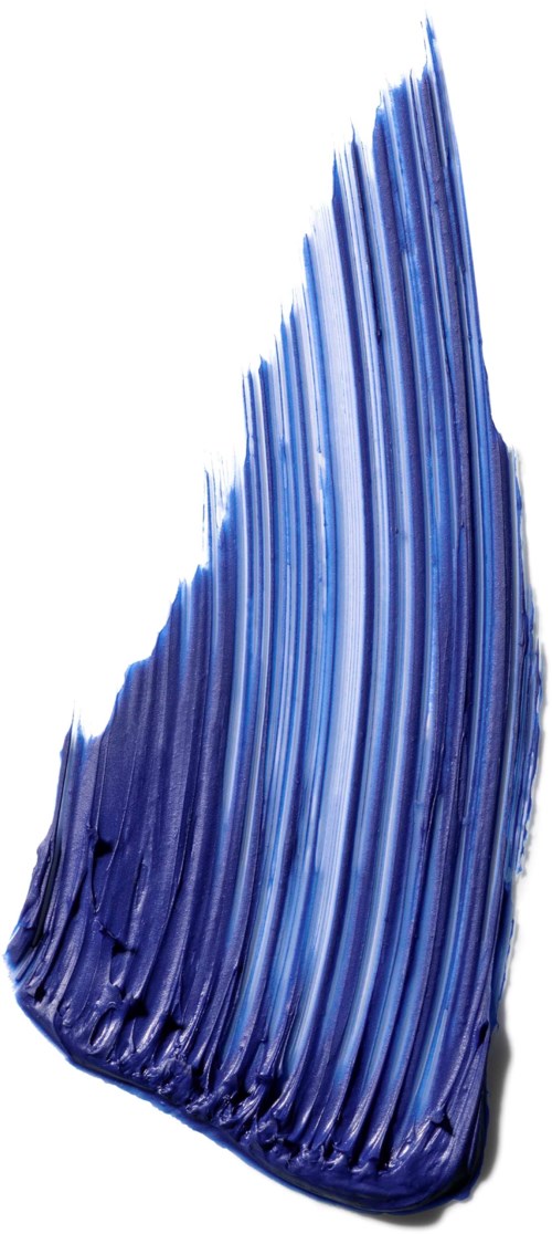 A blue feather with curved, linear patterns on a white background.